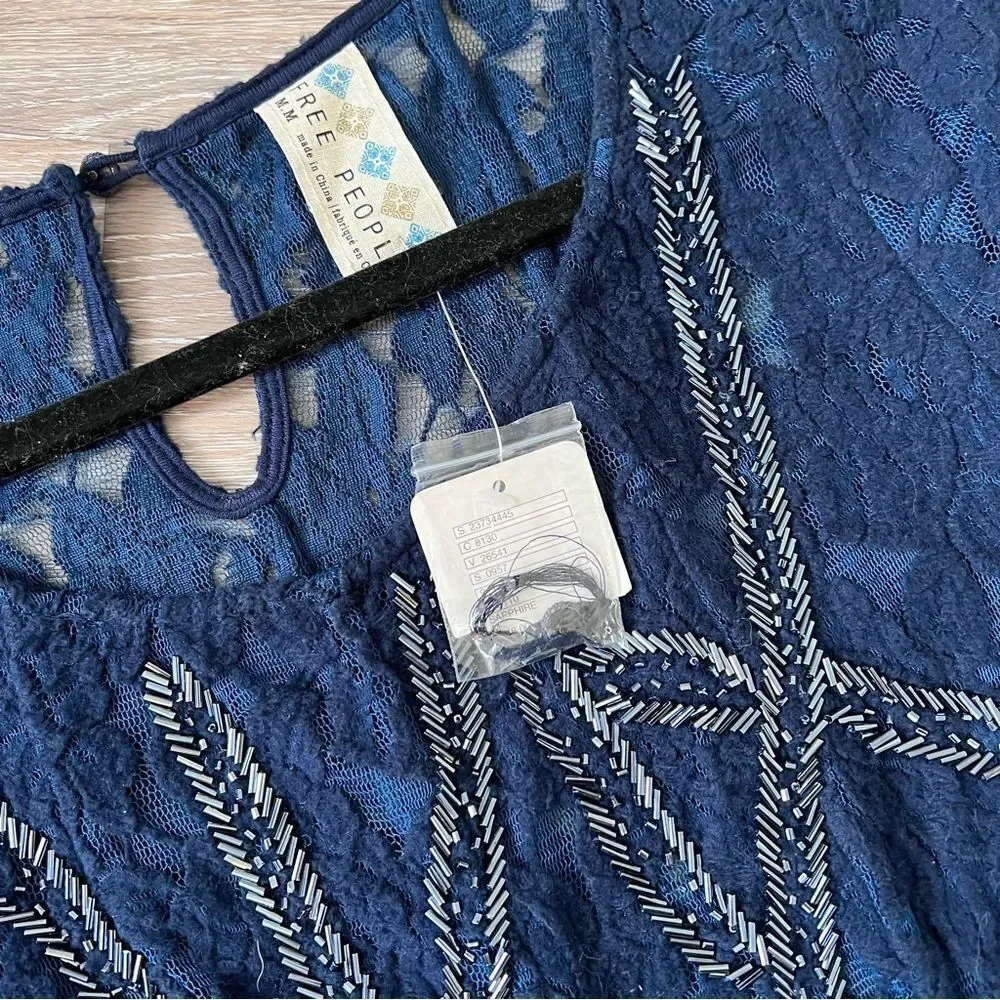 Nwt free‎ people blue sheer lace beaded bell sleeve witchy dress